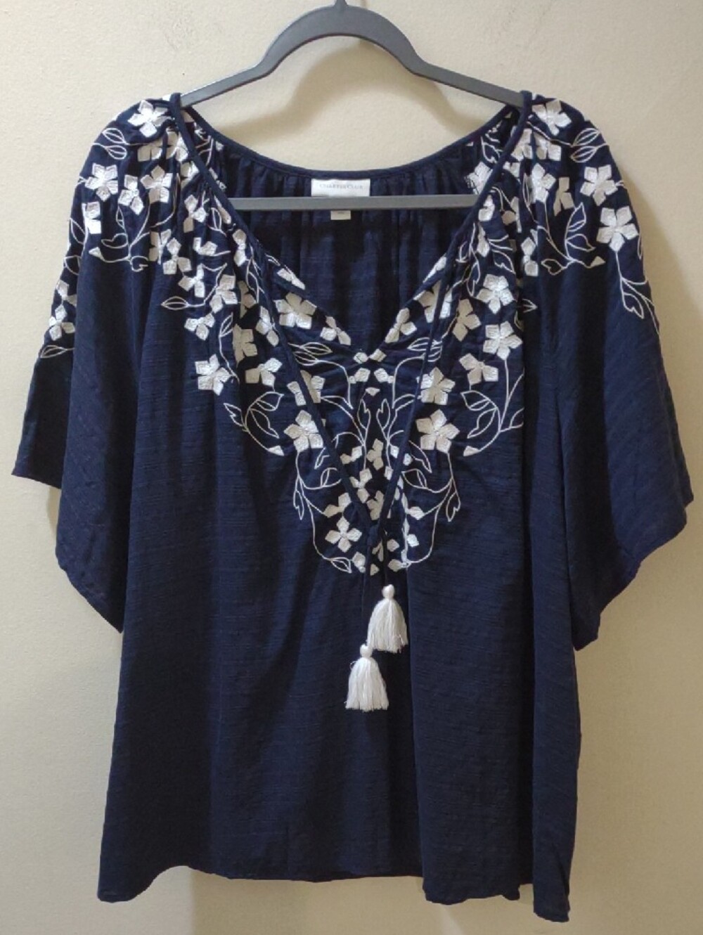 Charter Club Embroidered Navy Boho Blouse with Tassel Tie